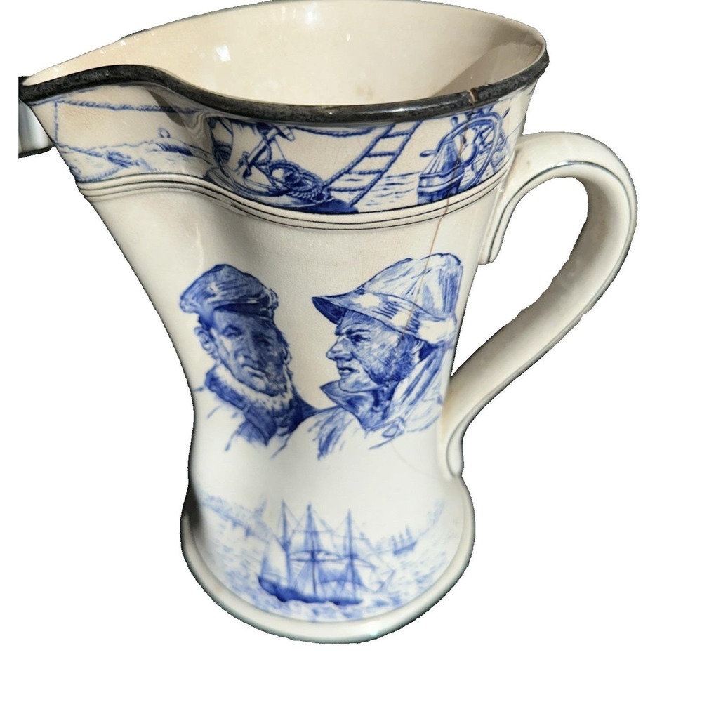 1906 Buffalo Pottery Marine Jug Nautical Seaman & Ships Lighthouse B&W Pitcher